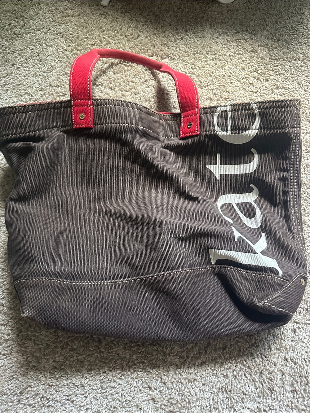 kate spade Brown Canvas Tote with Red Top Handles